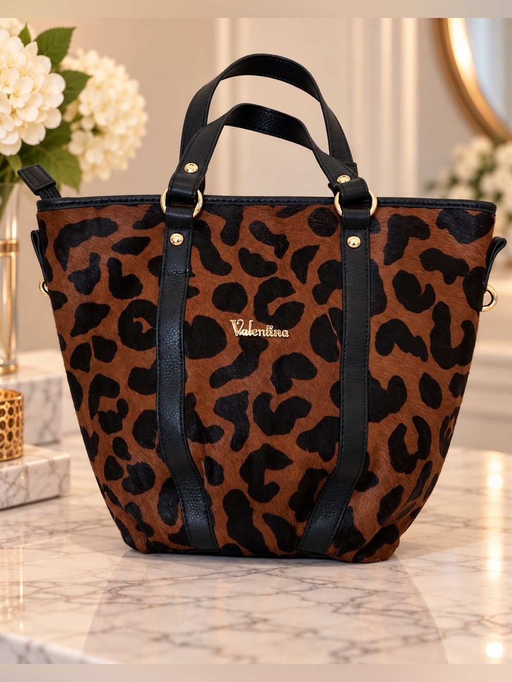 Valentina Leopard Print Genuine Leather Satchel Bag